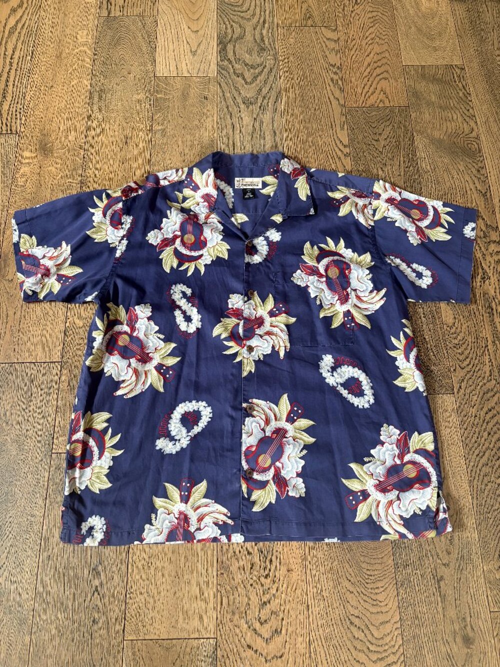 Vintage Pataloha Hawaiian Shirt Men's XL Blue Ukulele Hibiscus‎ Resortwear Y2K
